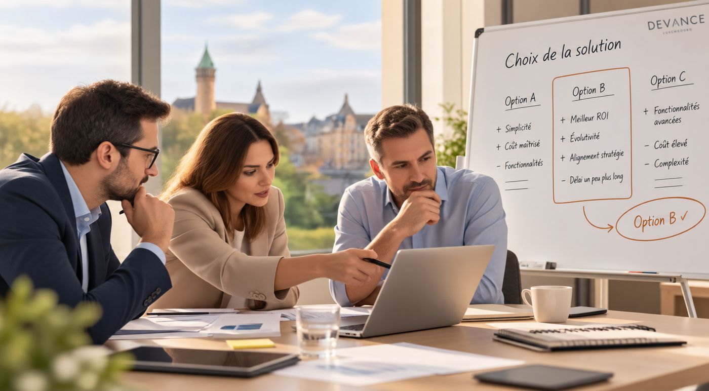 Une équipe de direction compare trois options sur un tableau blanc et retient la solution la plus équilibrée