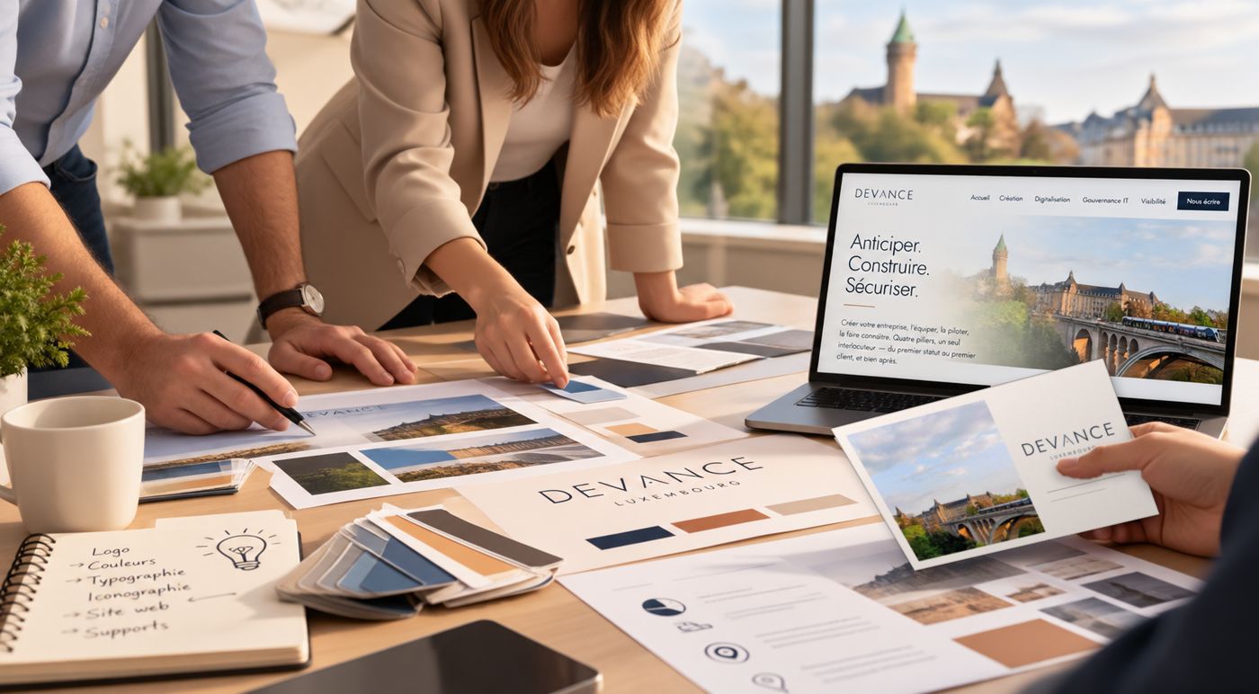 Atelier de branding : maquettes, nuancier et site Devance sur un ordinateur portable